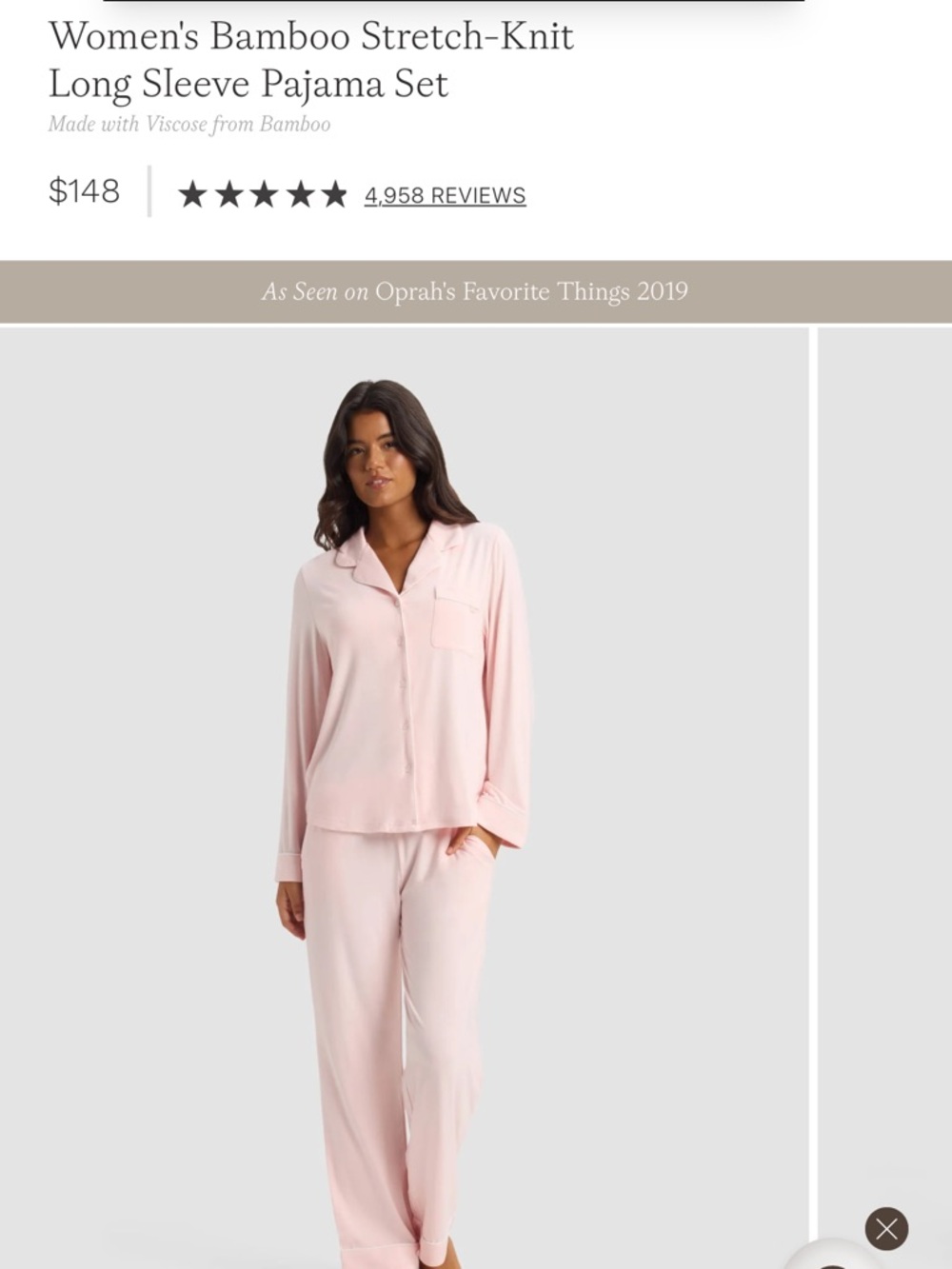 Cozy Earth Women's Bamboo Stretch-Knit Long Sleeve Pajama Set - Light Pink NWT
